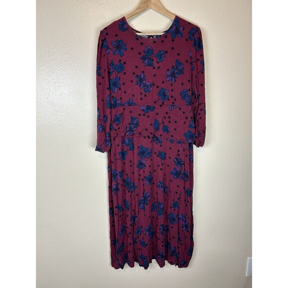Modcloth 2X Dress Floral Midi Jersey Retro Long Sleeve A-Line Modest Rockabilly - Picture 1 of 4